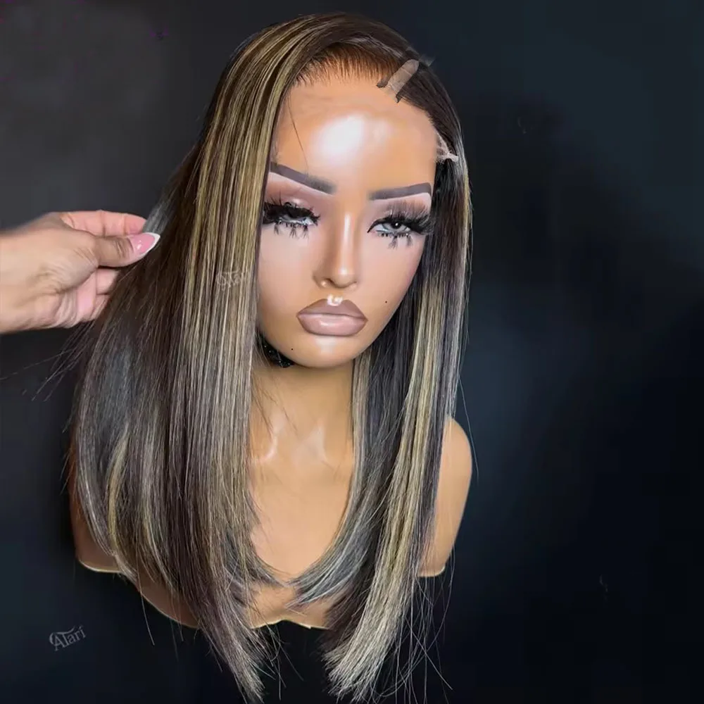 Bone Silky Honey Ash Blonde Highlights Echthaar U-Part-Perücken für schwarze Frauen mit Clips, braune Wurzeln, 180 % Dichte, Malaysisches Remy-Haar – Detail 1