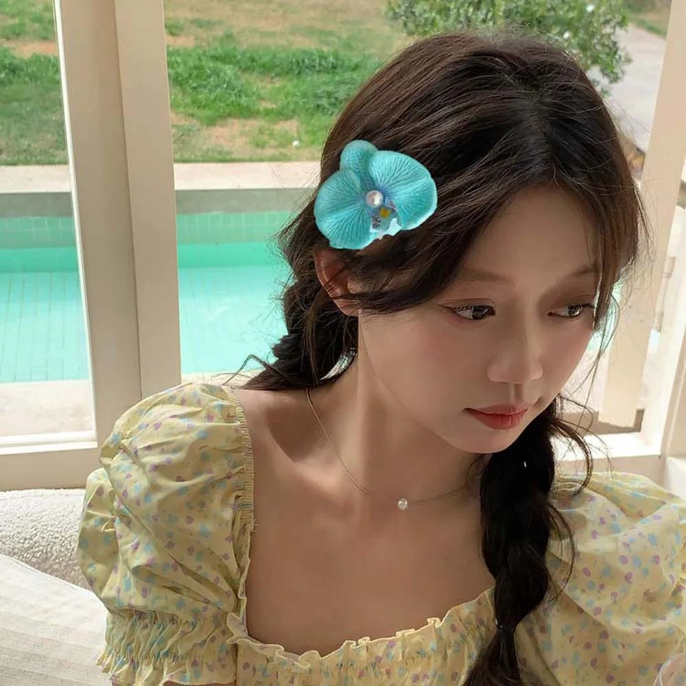 

Sweet Orchid Flower Hairpin Thai Style Bohemian Style Butterfly Orchid Hair Clip Duckbill Clip Pearl Women Side Clip Party