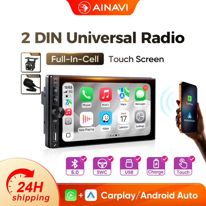 Ainavi 2 Din 7 pollici per veicoli universali, autoradio con Carplay wireless e Android Auto, stereo per auto con Bluetooth, lettore multimediale con display per auto, sistema di infotainment per
