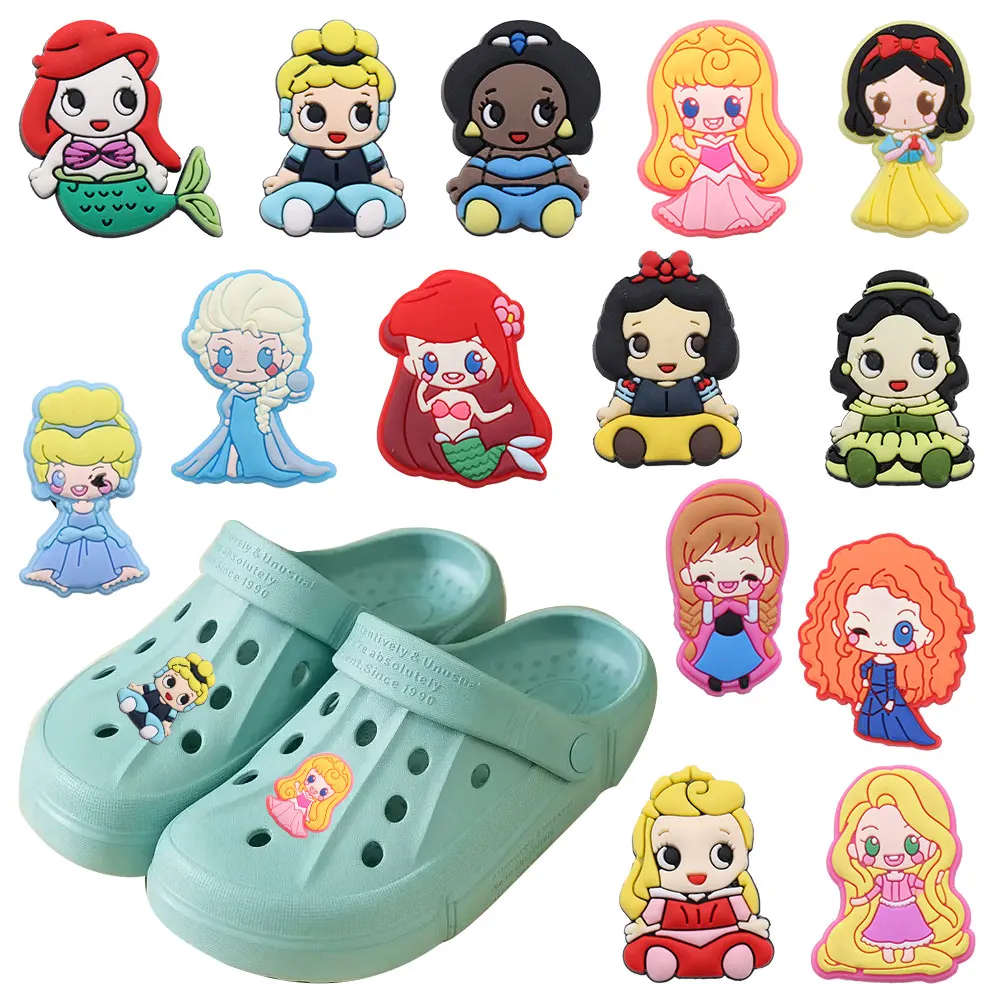 

New Arrival 1-14pcs Shoe Charms Disney Princess Cinderella Jasmine PVC Accessories Shoes Buckle Decorations For Children Gift