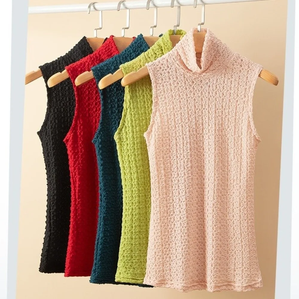 Fashion Turtleneck Collar Tank Top Crinkle Texture Sleeveless Lace Camisole Hollow Out Sheer Mesh Inner Top Date Night