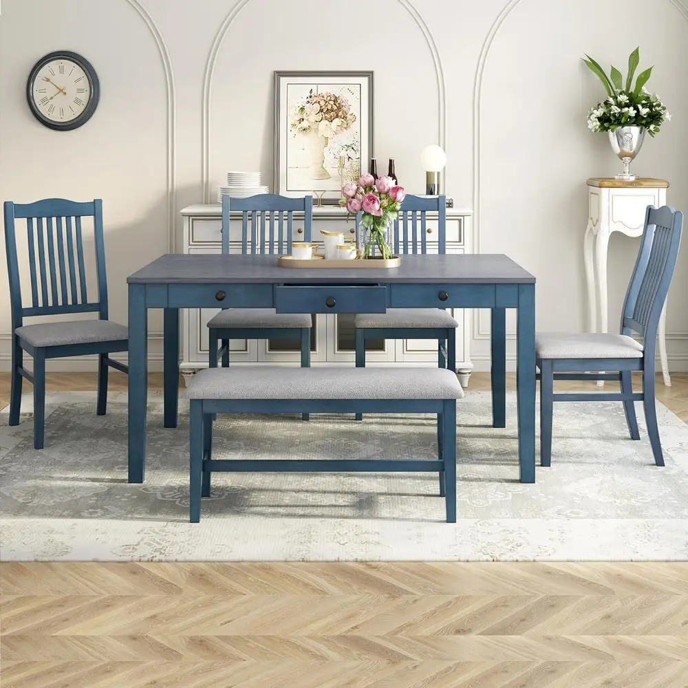 

Rustic 6-Piece Dining Set with Bench and Chairs, Space-Saving Design, Antique Blue Finish