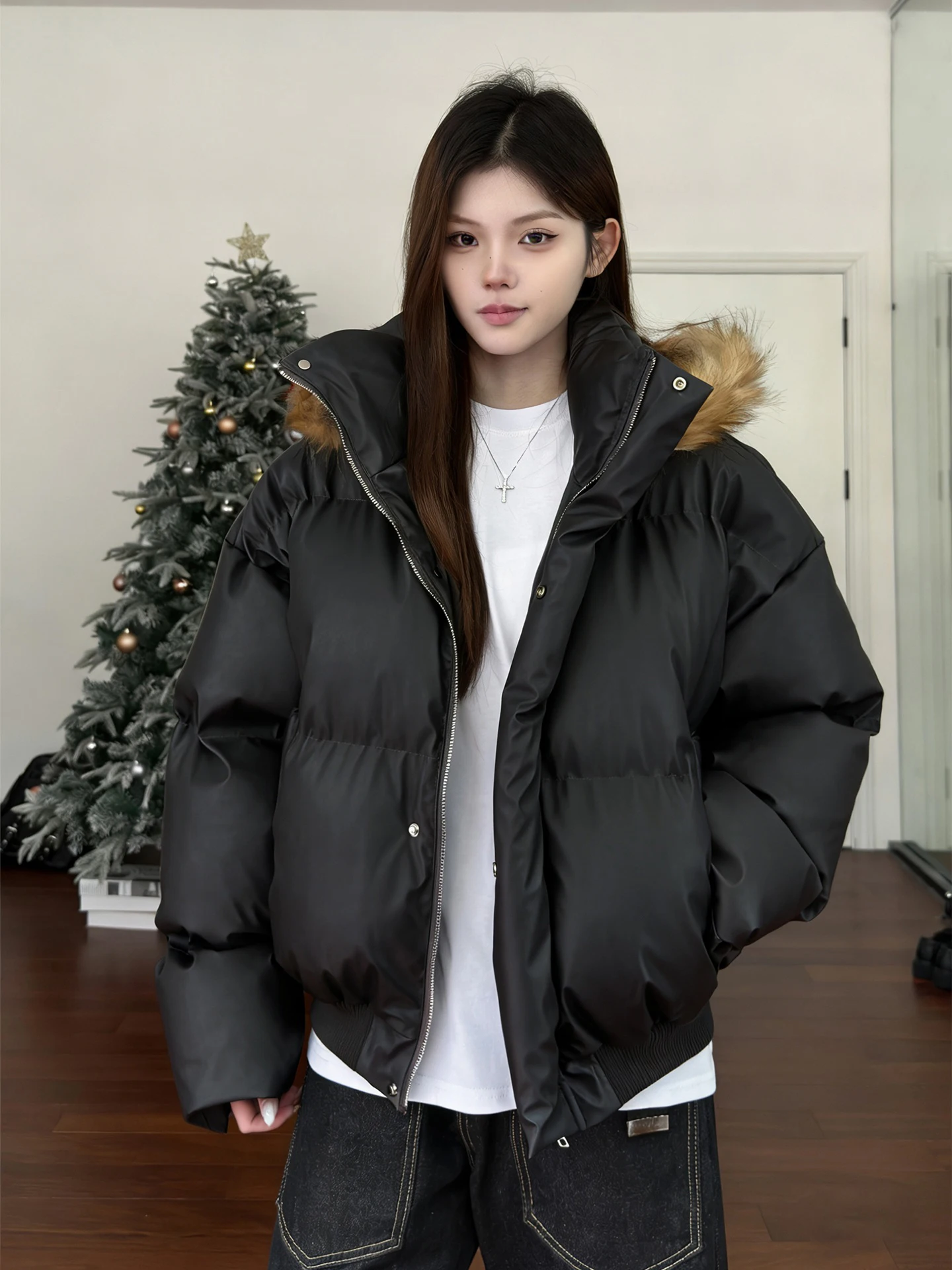 

Мужская зимняя теплая куртка American Sle из черной искусственной кожи с воротником-стойкой, наполнителем из хлопка и меховым воротником