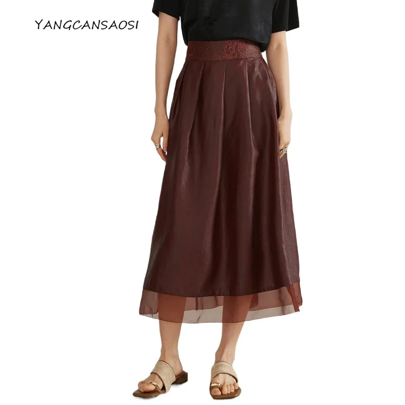 2025年レディースファッション衣料 100%天然桑絹 レッドクラウドヤーン ゴムウエスト 刺繍入り レッドブラウン Aラインスカート