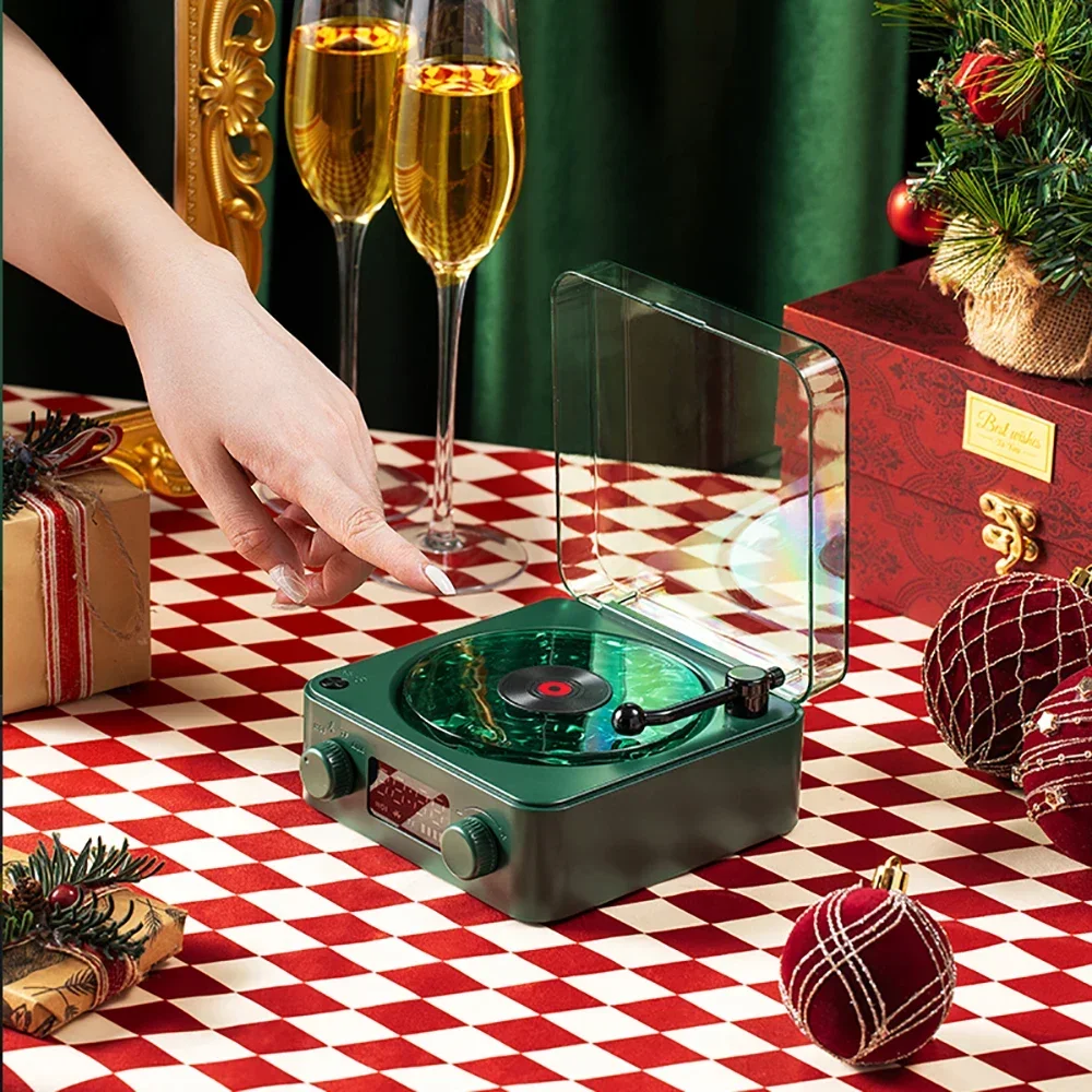 Christmas Gift Retro Mini Speaker Wireless BT Vinyl Record Player LED RGB Projection Lamp Waves White Noise Bedroom Application