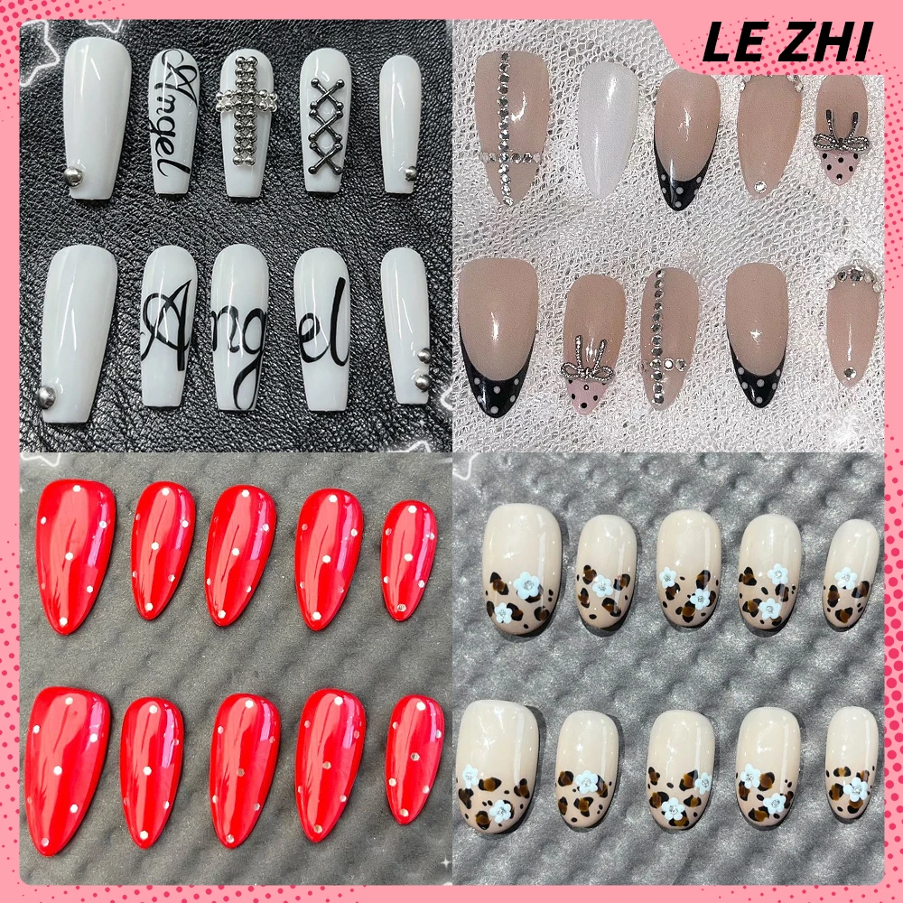 جميل قصير مربع جولة اليدوية يمكن ارتداؤها غطاء كامل الأظافر Kawaii أرنب مرسومة باليد القوس زهرة الماس القط عيون اضغط على الأظافر #1