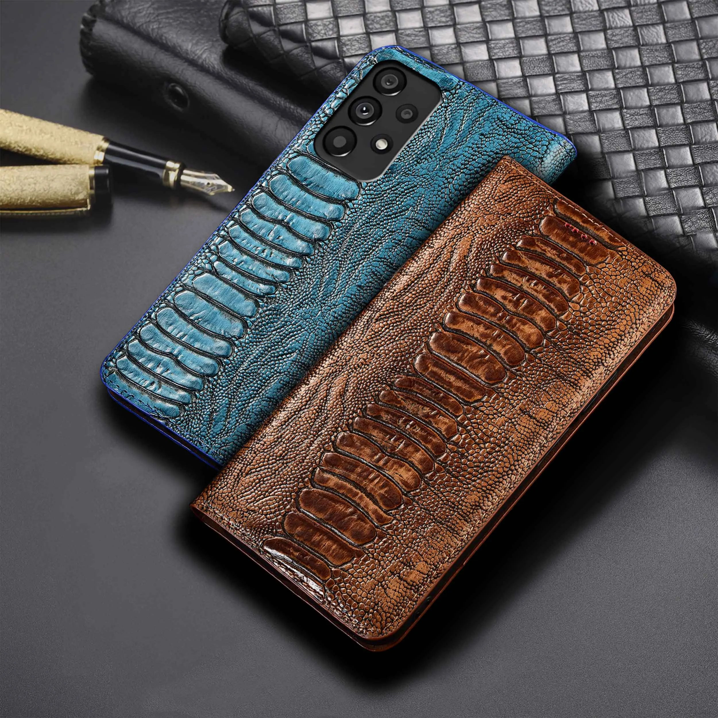 

Для Samsung Galaxy A12 A22 A32 A42 52 A72 A12 A23 A33 4G 5G Страусиные ноги с узором из натуральной кожи, чехол-книжка из воловьей кожи