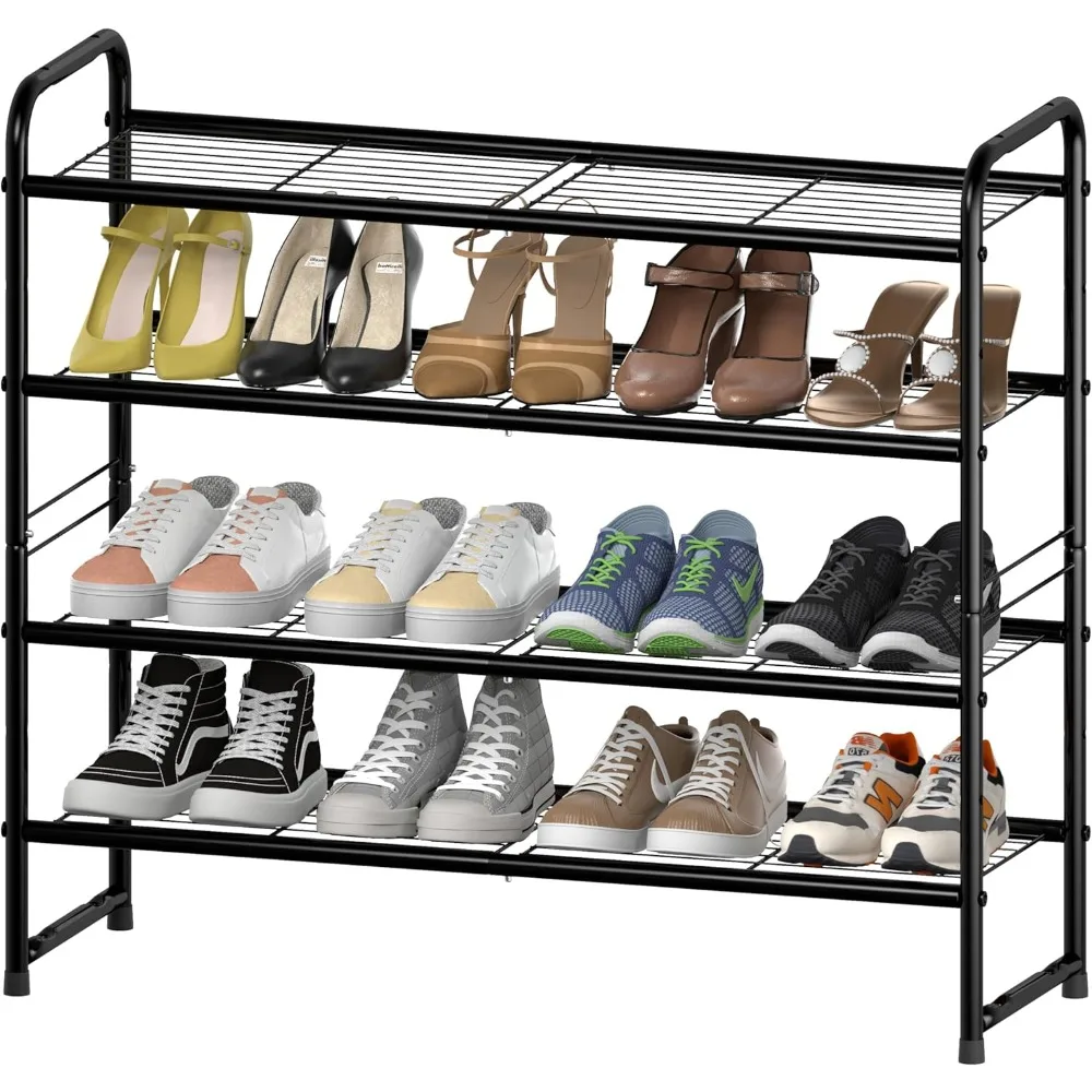 

Shoes Rack Shelf for Closet Metal Stackable Shoe Organizer, Expandable & Adjustable Storage Shelves, Wire Grid, 4-Tier, Black