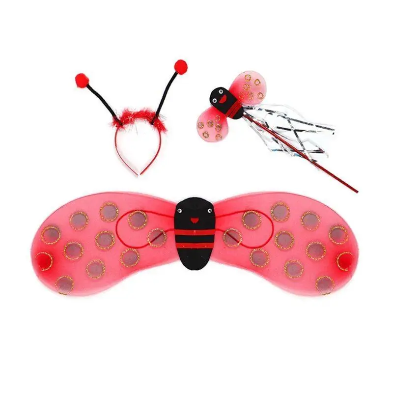

31BB 4Pcs/Set Kid Fairy Costume Set Ladybird Glitter Wing Striped Layered Tu