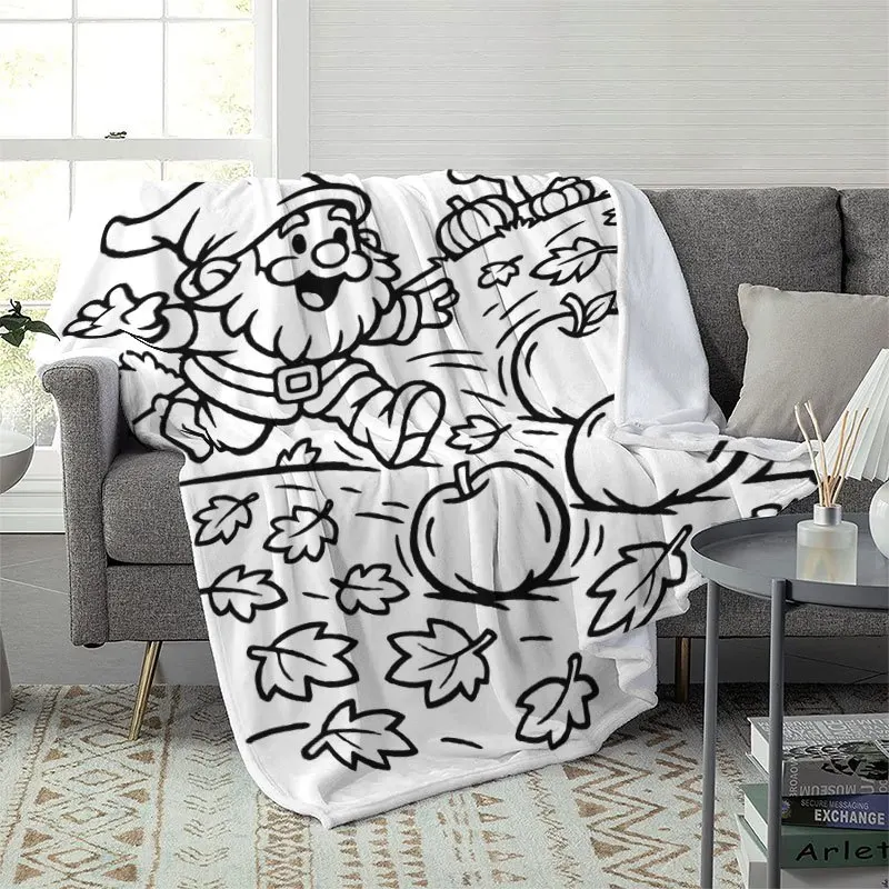 Sketch Gnome Apple Maple Leaf Autumn Cute Festive Couch Bed Throw Blanket Soft Flannel Sofa Lap Cover Cozy Rest Home Decor Gift