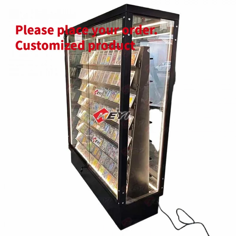 custom.Customized Sports Card Display White Black Game Cards Double Sided Aisle Edition with LED and Sliding Lockable