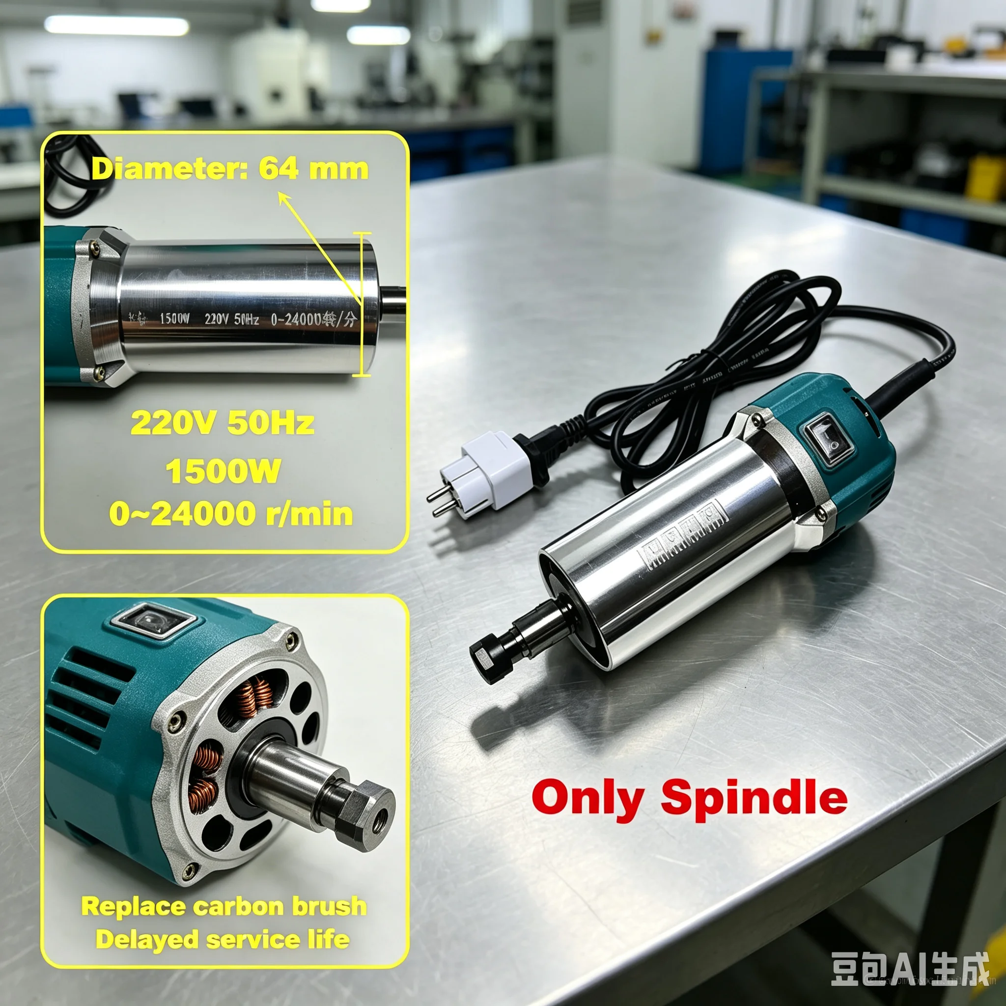 1500W Spindle Diameter 64mm ER11 Collet Chuck Lathe Spindles Air Cooled for CNC Router Wood Carving Milling Engraver Carver Tool