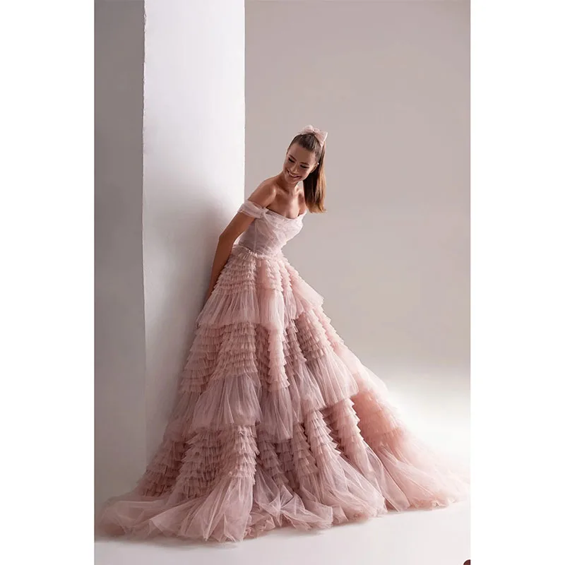 Pink Tulle Prom Dresses Multilayered Ruffles Party Dresses Off The Shoulder Ruched Floor-Length Custom Made Evening Dress