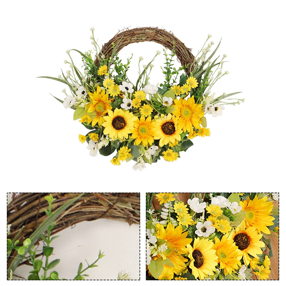 Sunflower-Centered Artificial Wreath with for daisies and Greenery on Handwoven Wood Base for Front Door Porch or Interior Wall