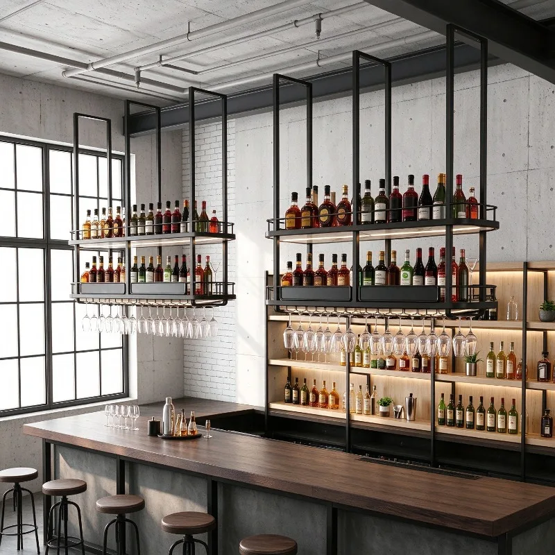 Hanging Iron Wine Rack for Counter Ceiling Mount, Upside Down Goblet Holder, Custom Bar Cabinet for Restaurant Storage