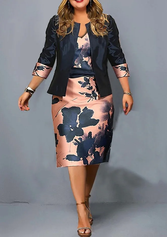 Autumn Fashion Print Two Piece Set Women Long Sleeve Suit Coat Wrapped Hip Pencil Dress Elegant Two Piece Set Plus Size