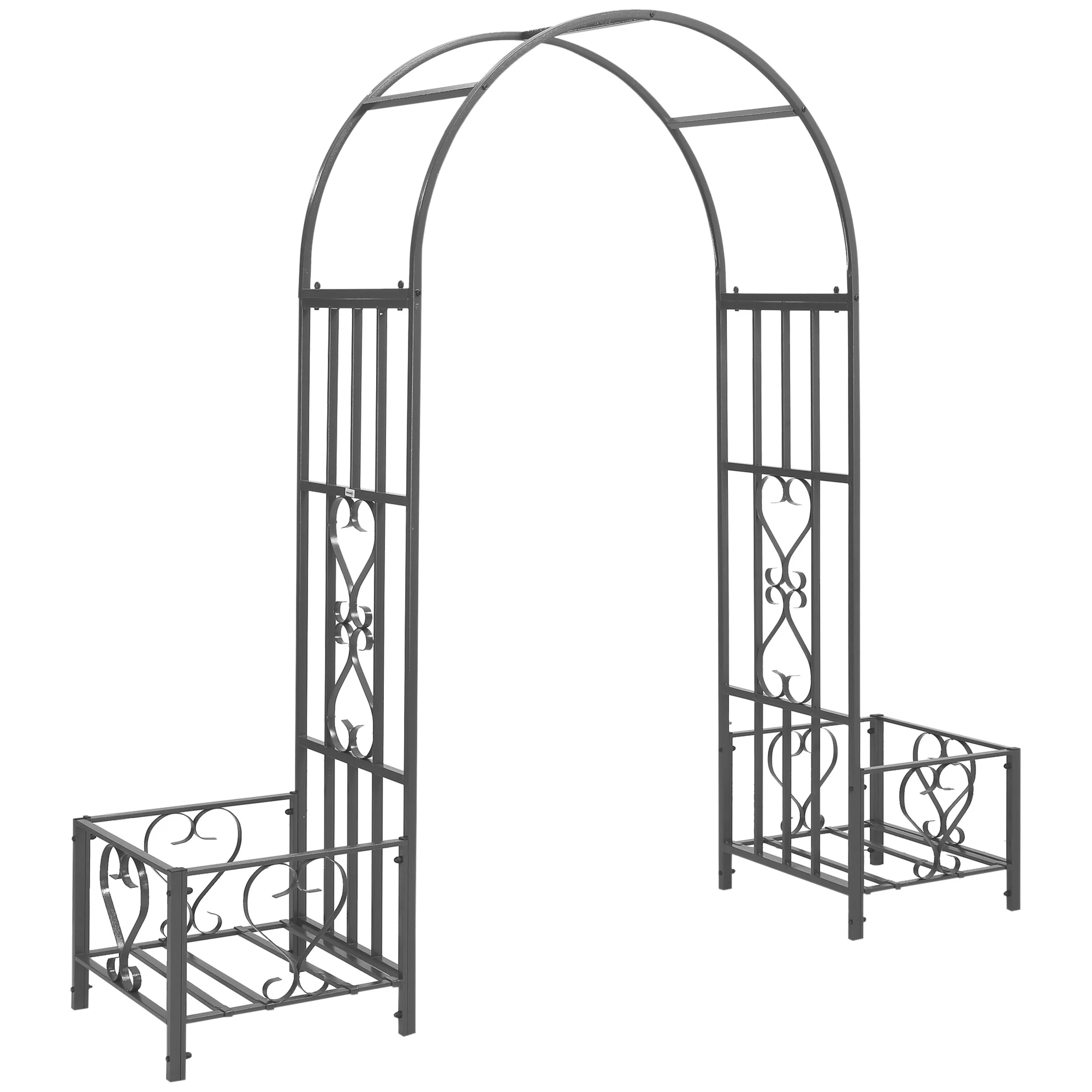 

6.7' Steel Garden Arch Arbor with Scrollwork Hearts, Planter Boxes for Climbing Vines, Ceremony, Weddings, Party, Dark Gray