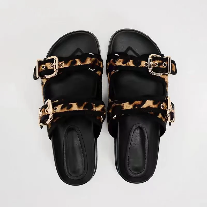 TRAF Leopard Print Upper Flatform Slippers Round Head Open Toe Metal Buckle Slippers New Comfortable Flat Sandals For Woman