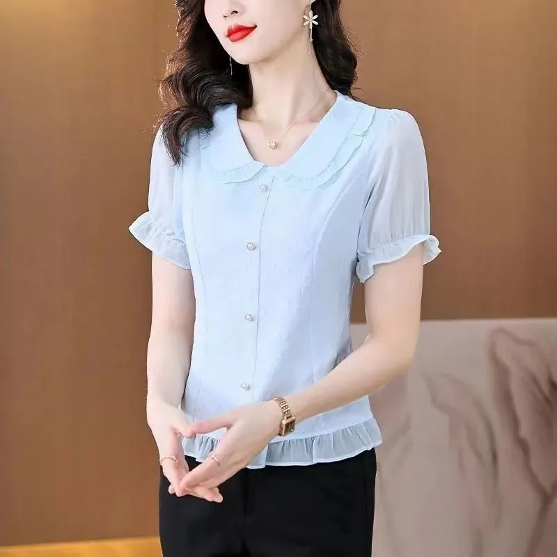 2024 Summer New Chinese Style Spliced Button Gauze Ruffles Short Sleeve Chiffon Shirt Tops Commute Square Collar Women's Blouses