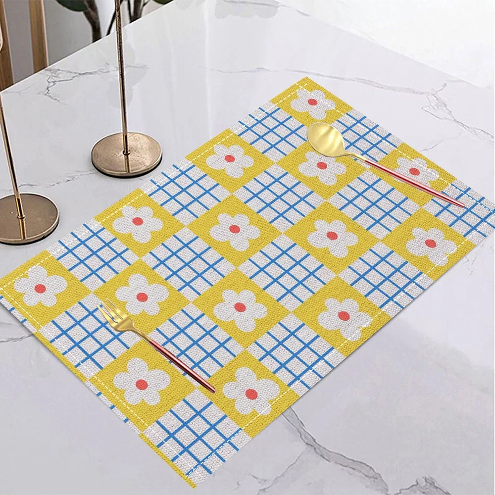 yellow Gingham Floral Table Mat Light Green White Checkered Pattern with Blue Center Placemat Insulated Placemat