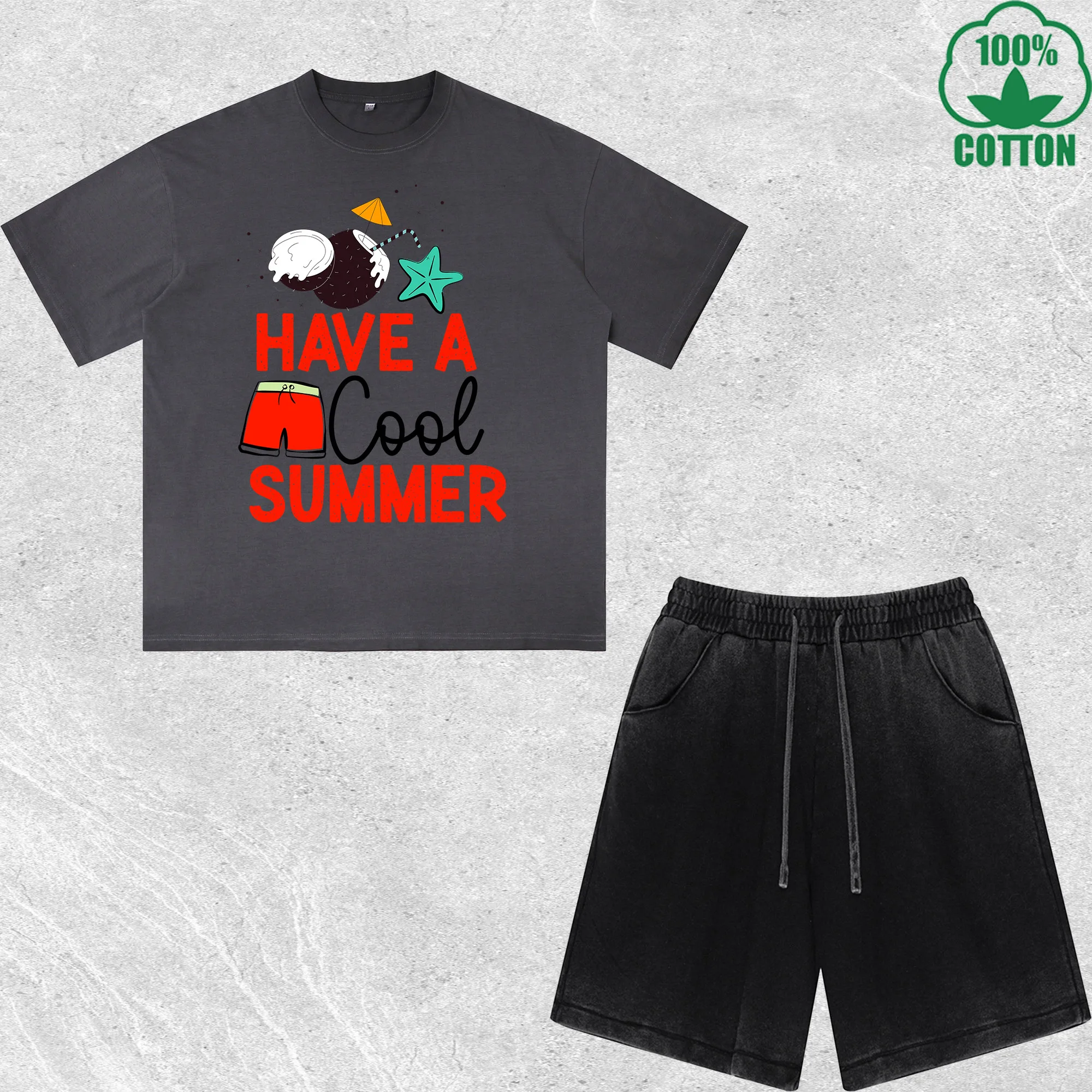 

Have a Cool Summer Printed Dirty Wash T-Shirt Shorts Set Combo Loose Trendy Fashionable 100%Cotton Black Suit