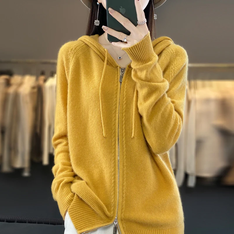 Autumn and Winter New 100 Pure Wool Cardigan Women's Hooded Drawstring Double Zipper Raglan Sleeve Coat Thickened Sweater