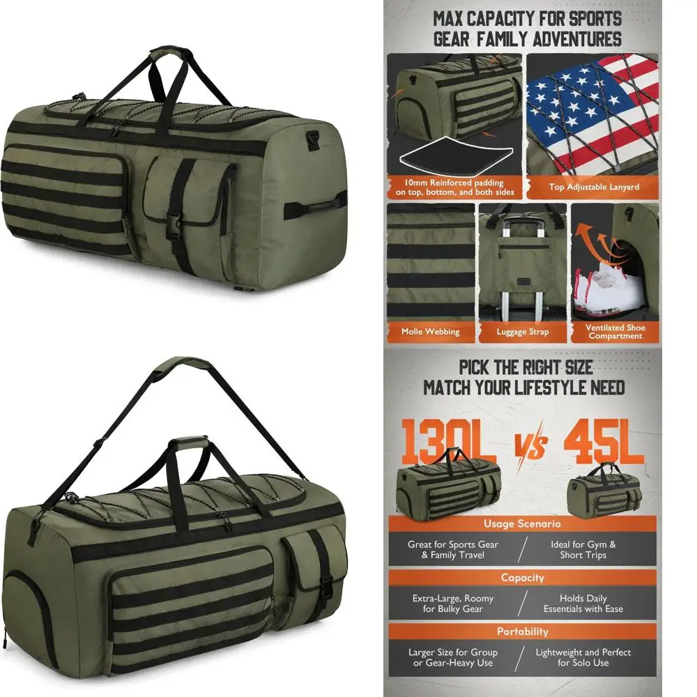 

Extra Large 3-in-1 Convertible Travel Duffel Bag for Men, Heavy Duty with Shoe Compartment, Tactical Loops, Ideal for Sports and