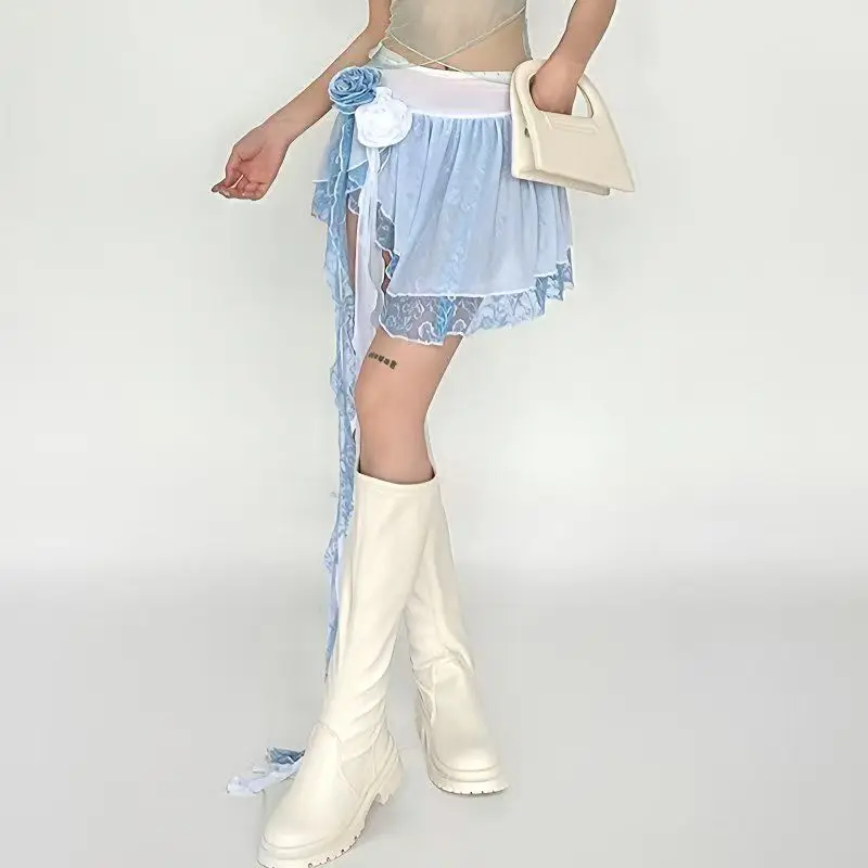 Y2k تنورة نسائية صيف 2025 جديدة في الموضة الكورية العتيقة تنورة هاراجوكو السراويل ملابس امرأة أبيض أزرق Kawaii تنورة صغيرة
