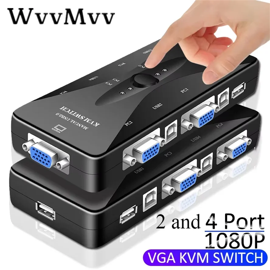 2 And 4 Port VGA KVM Switch 1080P USB 2.0 Splitter Mouse Keyboard Printer Pendrive Share Switcher Box Adapter Out KVM Switch
