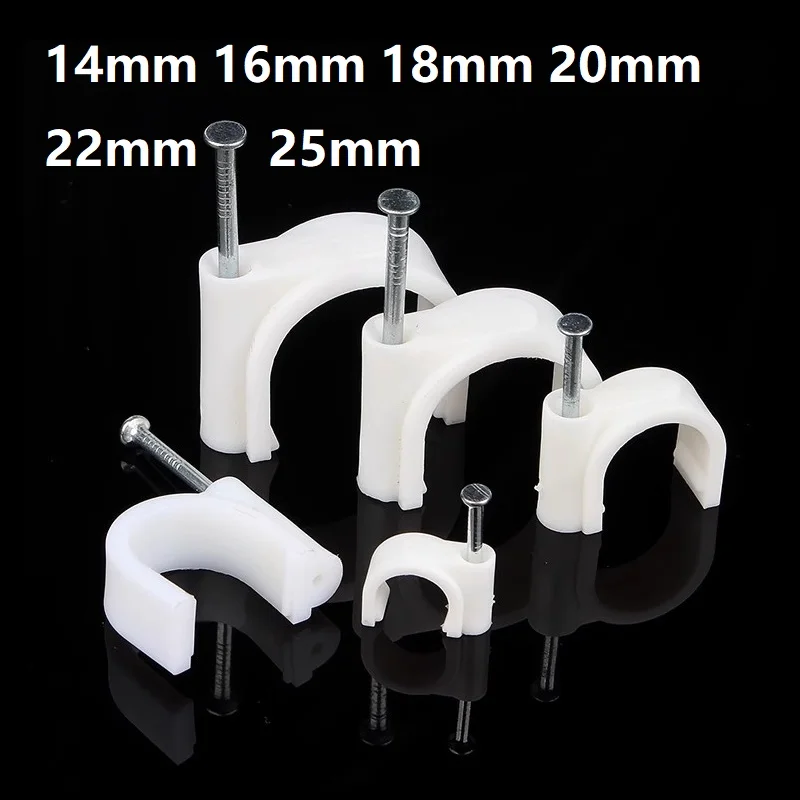 

100pcs C Shape Cable Clips 14 16 18 20 22 25mm White PE and High Carbon Steel Wire Management Clamps Wire Line Cord Wall Holders