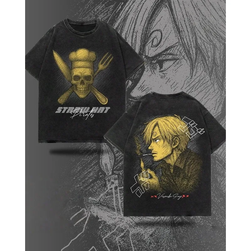 

Summer Men's Washes T-shirts Japanese Anime One Piece Sanji Graphic Clothing Harajuku Y2K Oversized 100% Cotton Half-sleeve Tops