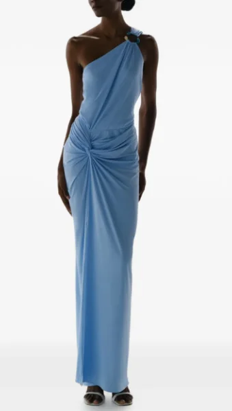 Light Blue One Shoulder Maxi Dress Stone Ring Detail Waist Twist Ruched Side Slit Formal Evening Gown