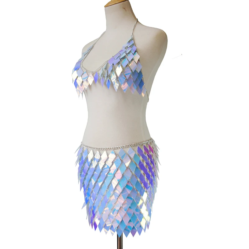 Colorful Shiny Metal Sequined Two Piece Set Halter Low Cut Hollow Out Crop Top Hot Patchwork Skirt Rave Festival Two Piece Sets