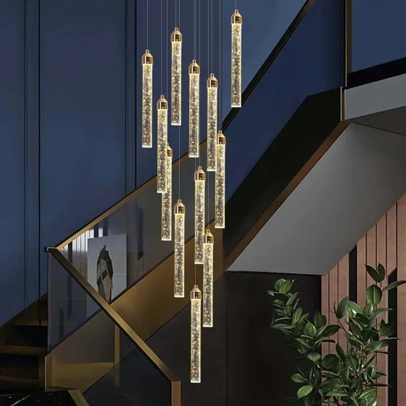 Revolving staircase chandelier Modern light luxury villa Duplex floor long chandelier Simple