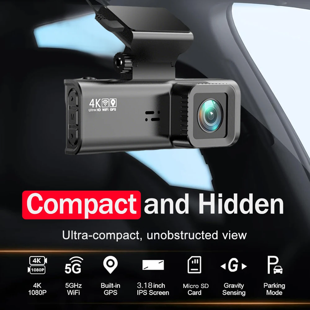 4K UHD Dash Cam Dual 2 Lens Recording Car Camera DVR Night Vision Video Recorder GPS ADAS Wi-Fi Room Black Box Rear View Camera