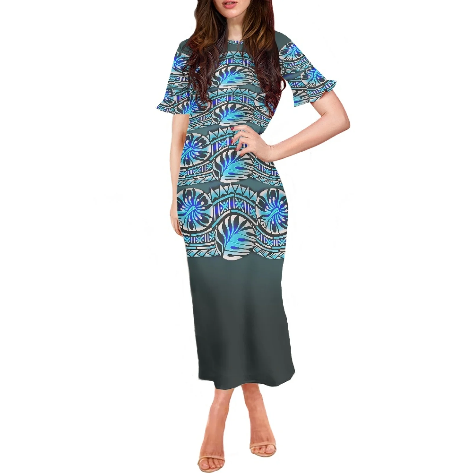 Polynesian Tribal Pohnpei Totem Tattoo Prints Short Petal Sleeve Holiday Party Clothing Fashionable Sexy Art Perfect Long Dress