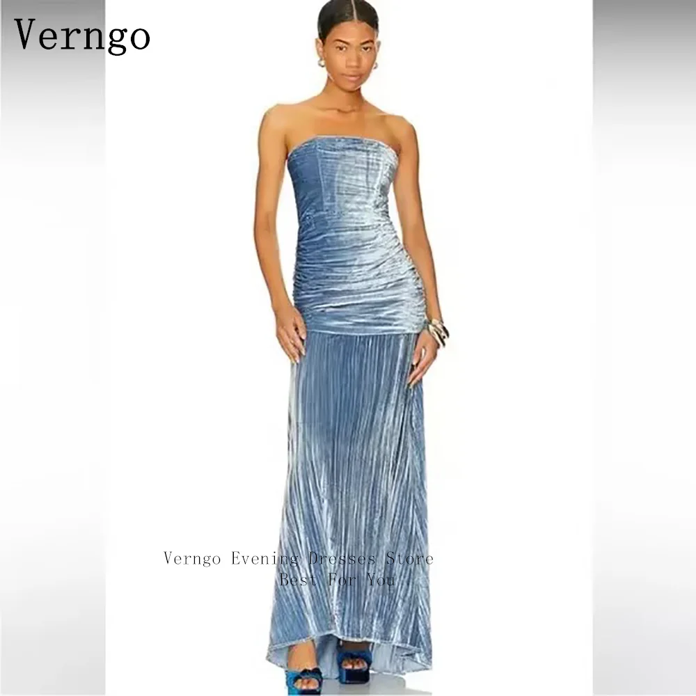 

Verngo Dusty Blue Velvet house of harlow 1960 Strapless Maxi Evening Dress Hand Made Pleated Prom Party Gown Customized