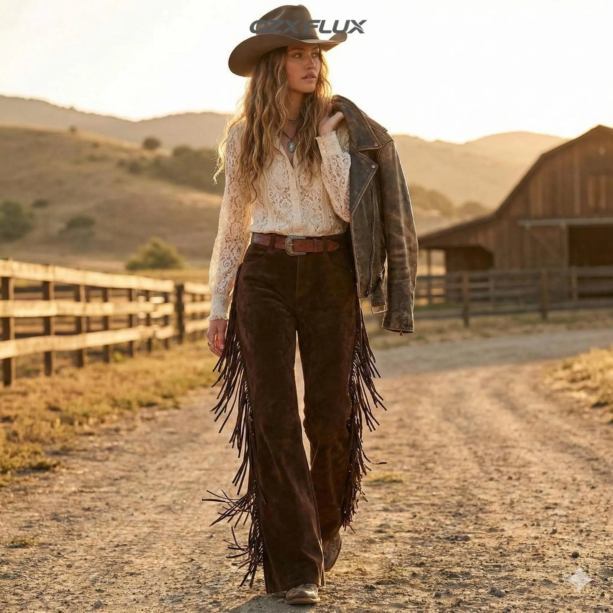 Women's Vintage Western Brown Suede Look Fringe Pants High Waist Flared Wide Leg Long Trousers Cowboy Ranch Boho Style Fashion