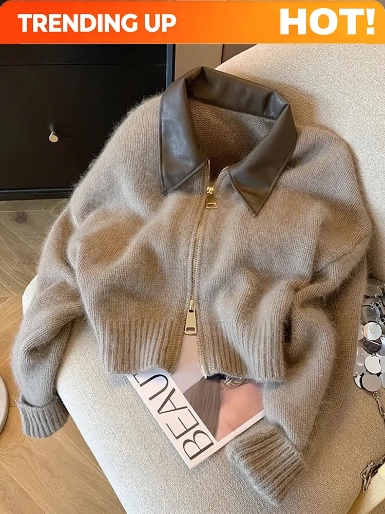 Customization Patchwork Zipper Cropped Cardigan Women 400g Thick Autumn Knitted Sweater Jacket Vintage 2000s Short Fitted Knitwe