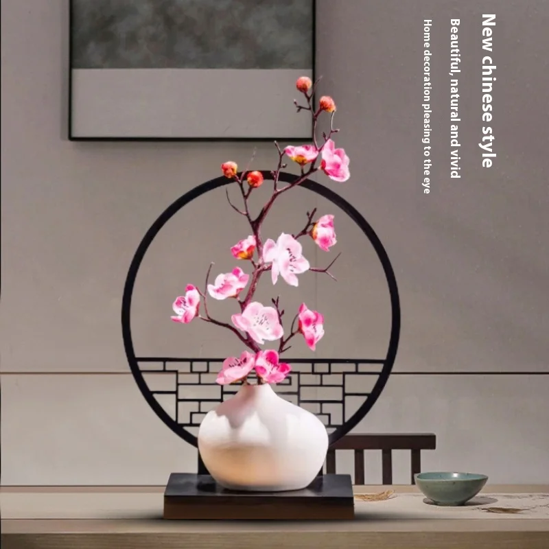 Florero de pantalla china, decoración Zen estética con flor de ciruelo Artificial, escultura enmarcada de estilo chino moderno para sala de estar