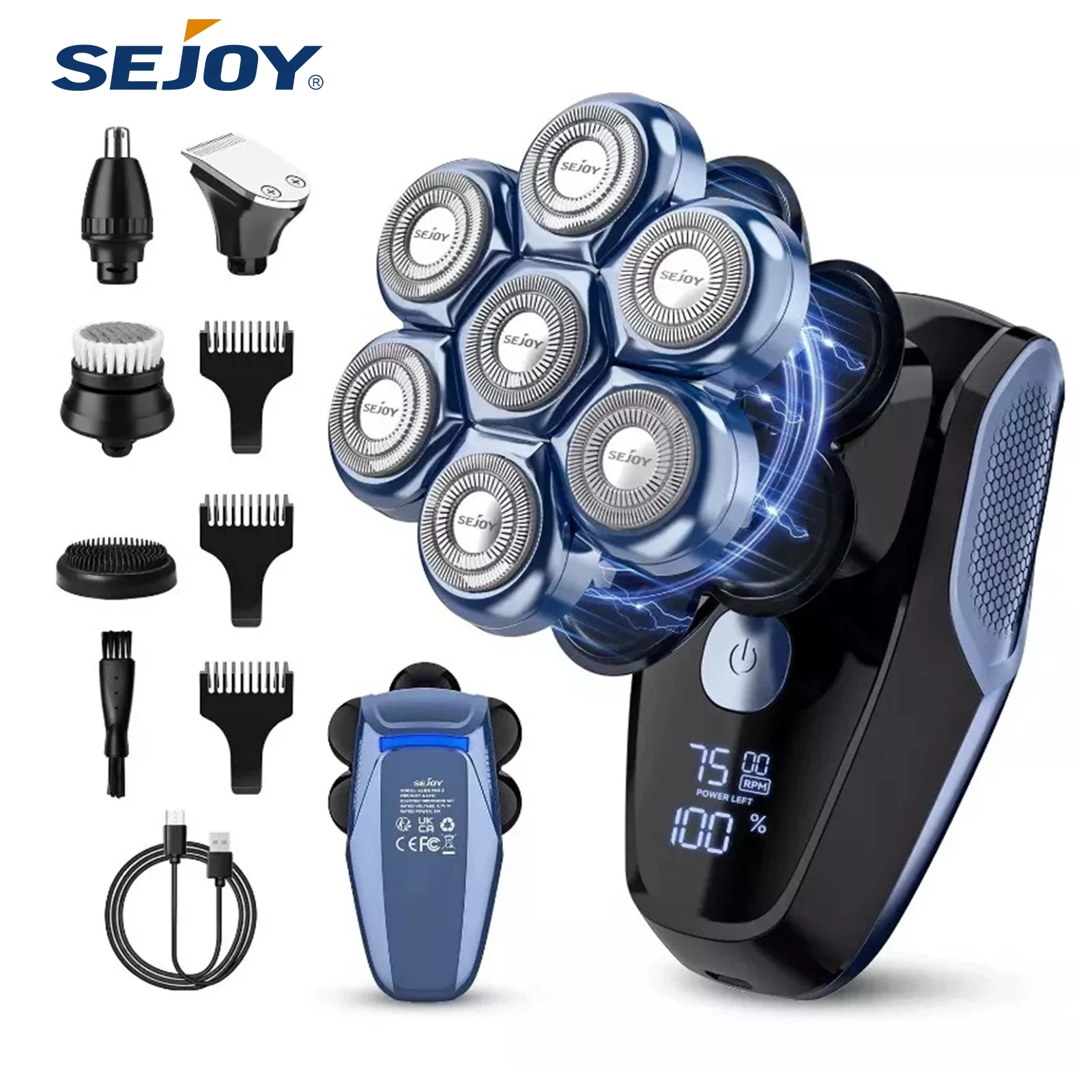 Sejoy barbeador elétrico para homens, 7 cabeças, navalha de barba, máquina de cortar cabelo, limpador facial, massageador, aparador de nariz, ipx7, totalmente lavável