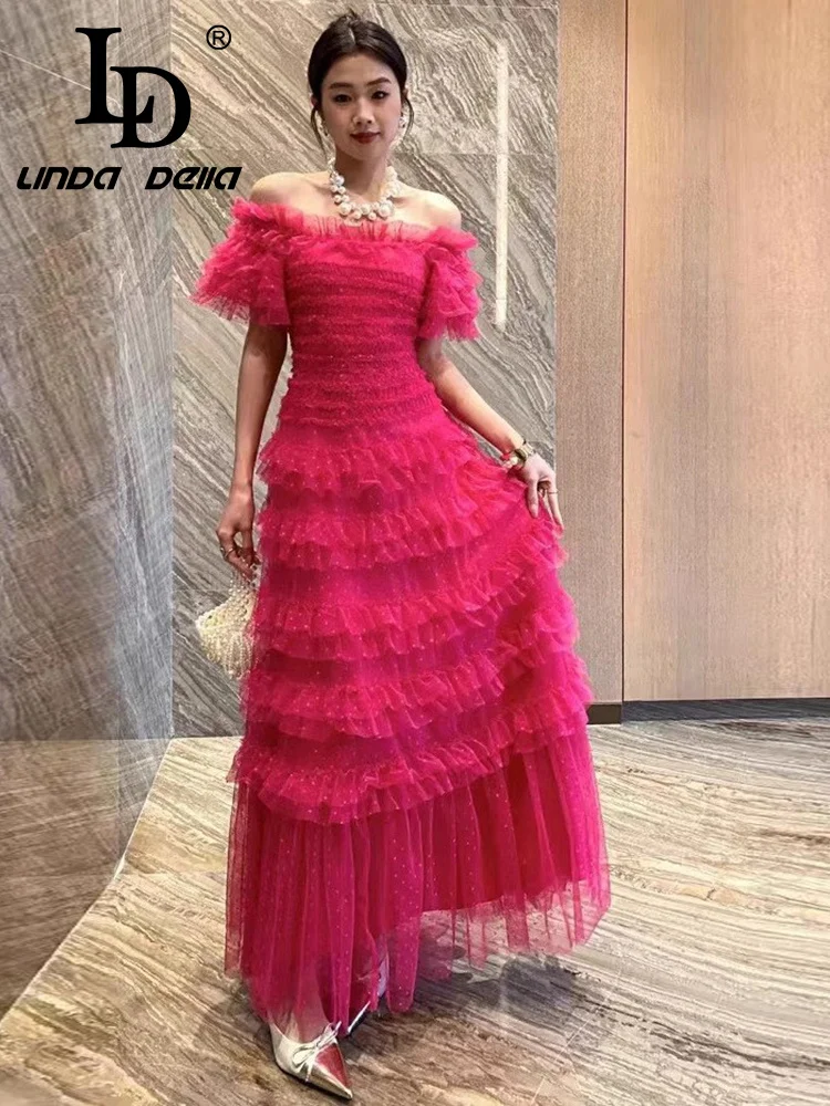 Ld linda dell rosa malha vermelha renda fora do ombro jantar festa sexy em camadas plissado preto fungo borda vestido elegante