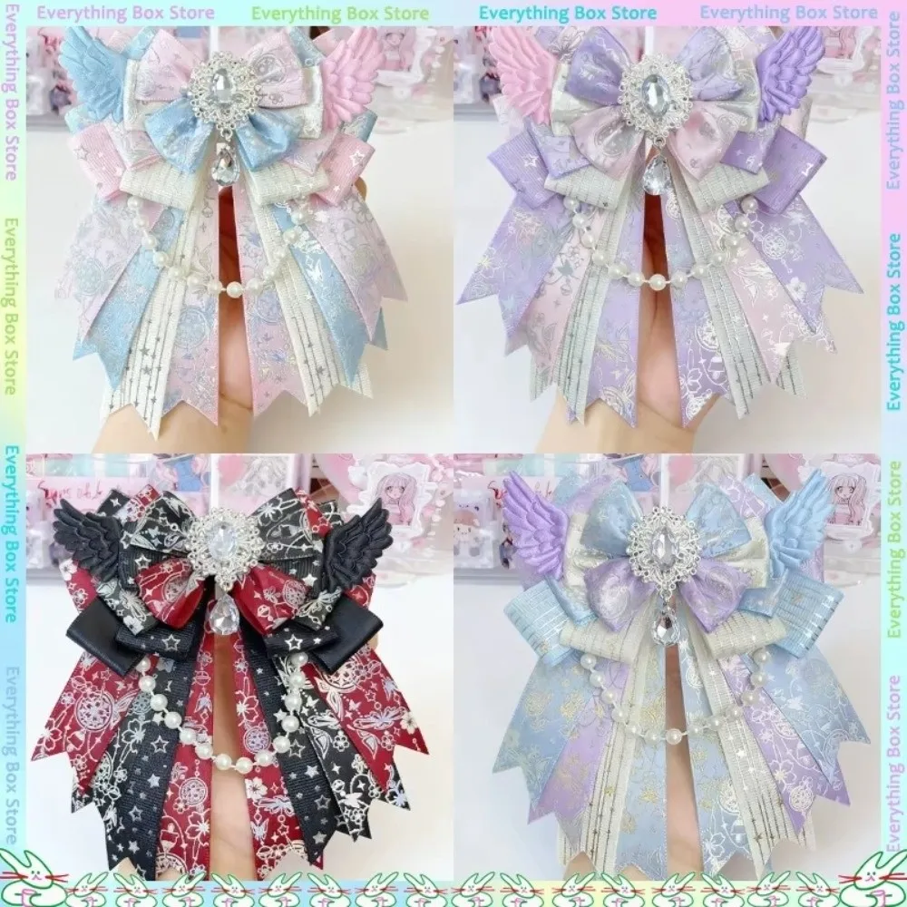 Gifts Double Layer Bow Brooch Gemstone Pendant Bead Chain Butterfly Knot Brooch Handmade DIY Angel Wings Brooch For Anime Lolita