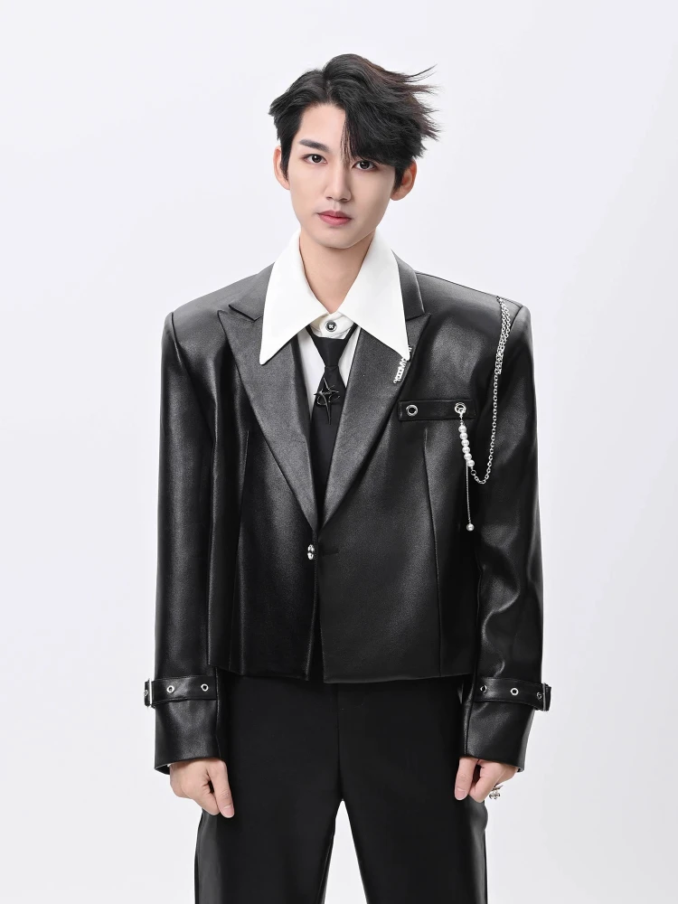 Men's Niche Design Pearl Chain Trendy Versatile Shoulder Padded Jackets Men's Tailored Coats Male Long Sleeve Chic Suit Jackets