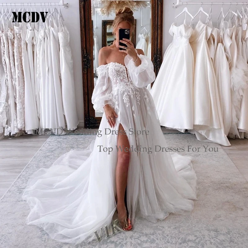 

MCDV 2025 Fashion Slit Wedding Dresses for Women Sweetheart Detachable Sleeves Appliques Bride Dress Customized Available