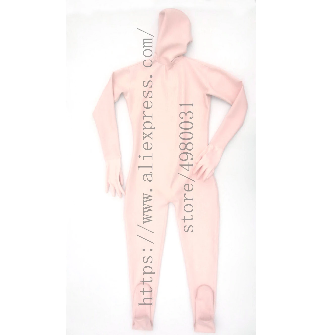 

Lady's baby pink full body latex catsuit with con dom design what is made of 100% real natural latex materials