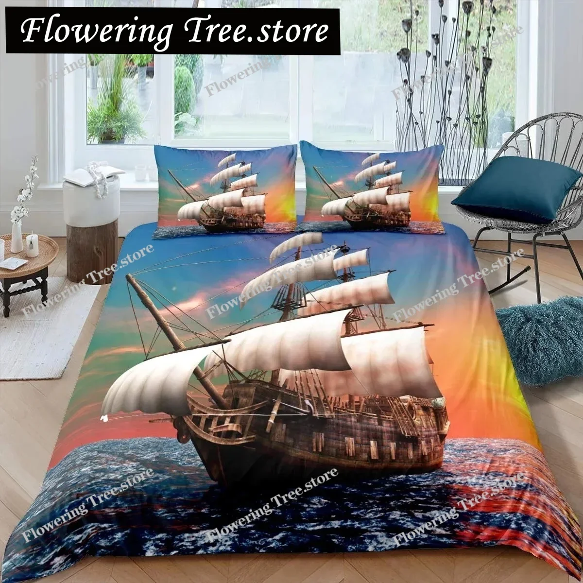Pirate Duvet Cover Set Queen Sailboat Comforter Set Nautical Ocean Bedding Set Cool Style Quilt Co