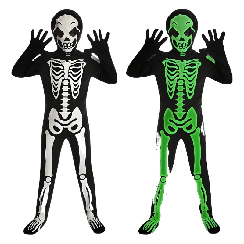 95AB Glowing Skeleton Jumpsuit เด็ก Death Dress up เครื่องแต่งกายฮาโลวีนโครงกระดูกเครื่องแต่งกายสำหรับเด็ก Boy Girl Halloween up