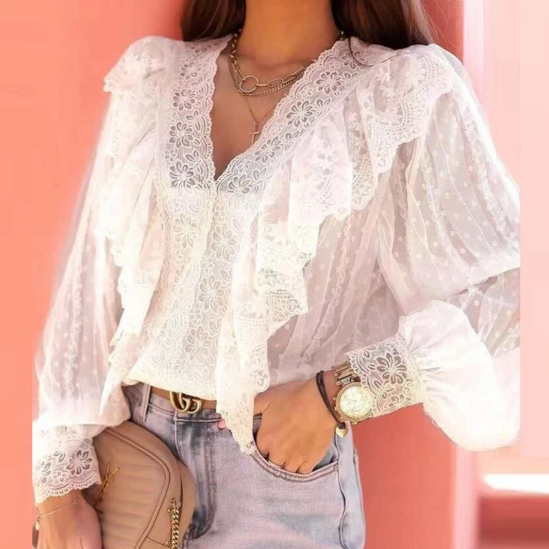 Autumn Women Long Sleeve Lace Blouses White V Neck Sexy Shirts For Women Elegant Ruffle Design Blouses Spring