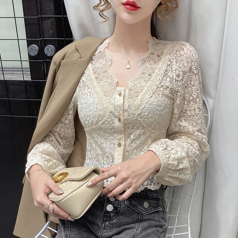 Long Sleeve V-Neck Blouse Women Blusas Mujer De Moda 2024 Apricot Hollow Lace Blouse Shirt Tops Women Blusa Women Clothing D892